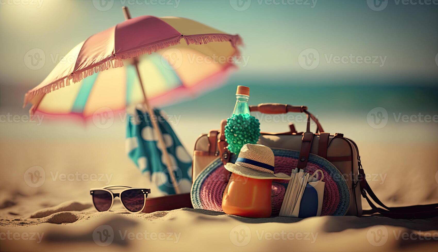 Tropical beach with sunbathing accessories, sunglasses, summer holiday concept background photo