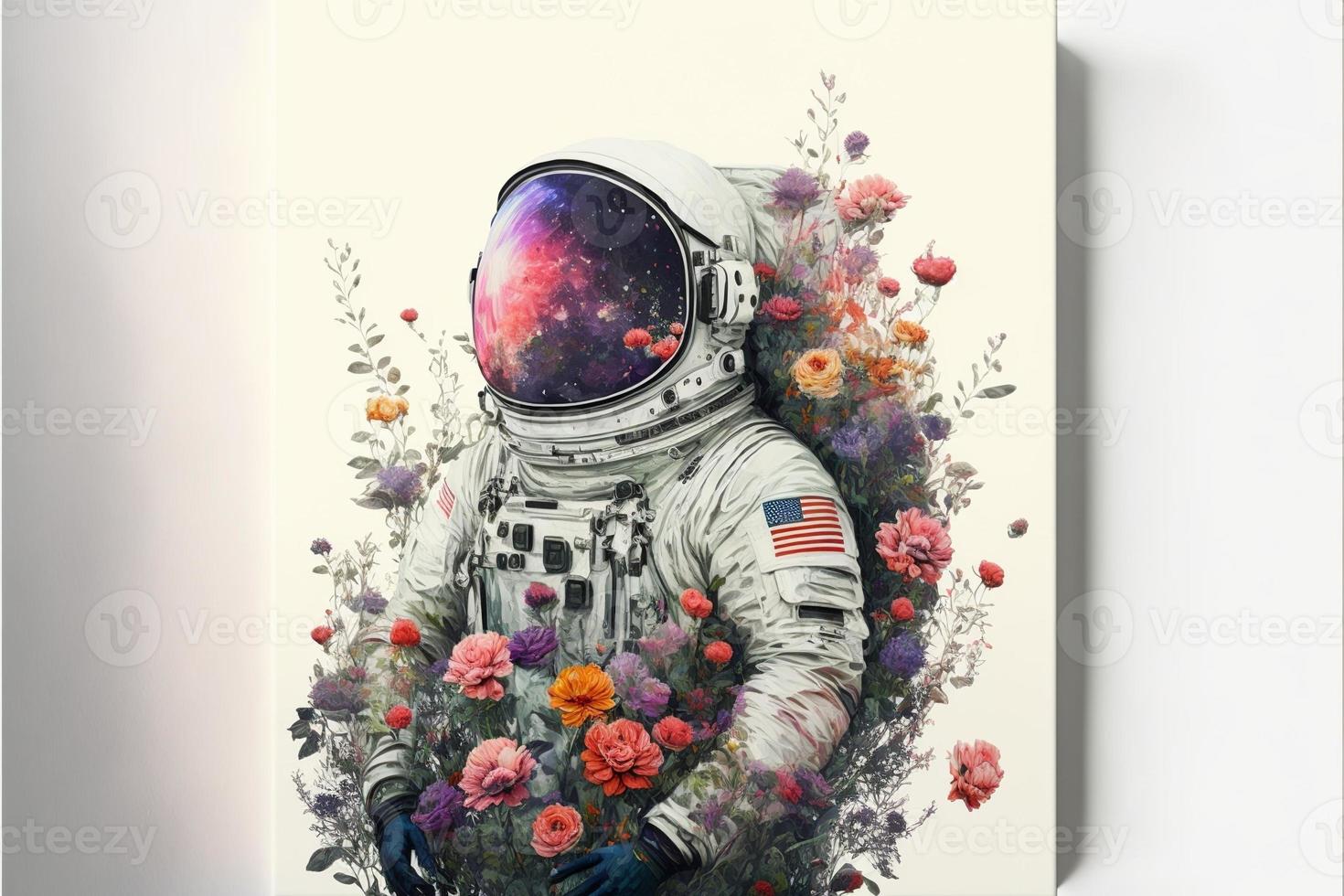 Astronaut illustration with flowers, white background. AI photo