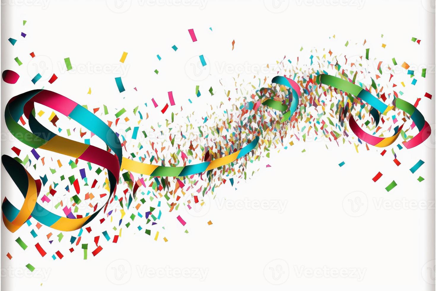 White background with ribbons, streamers and confetti, carnival. AI photo