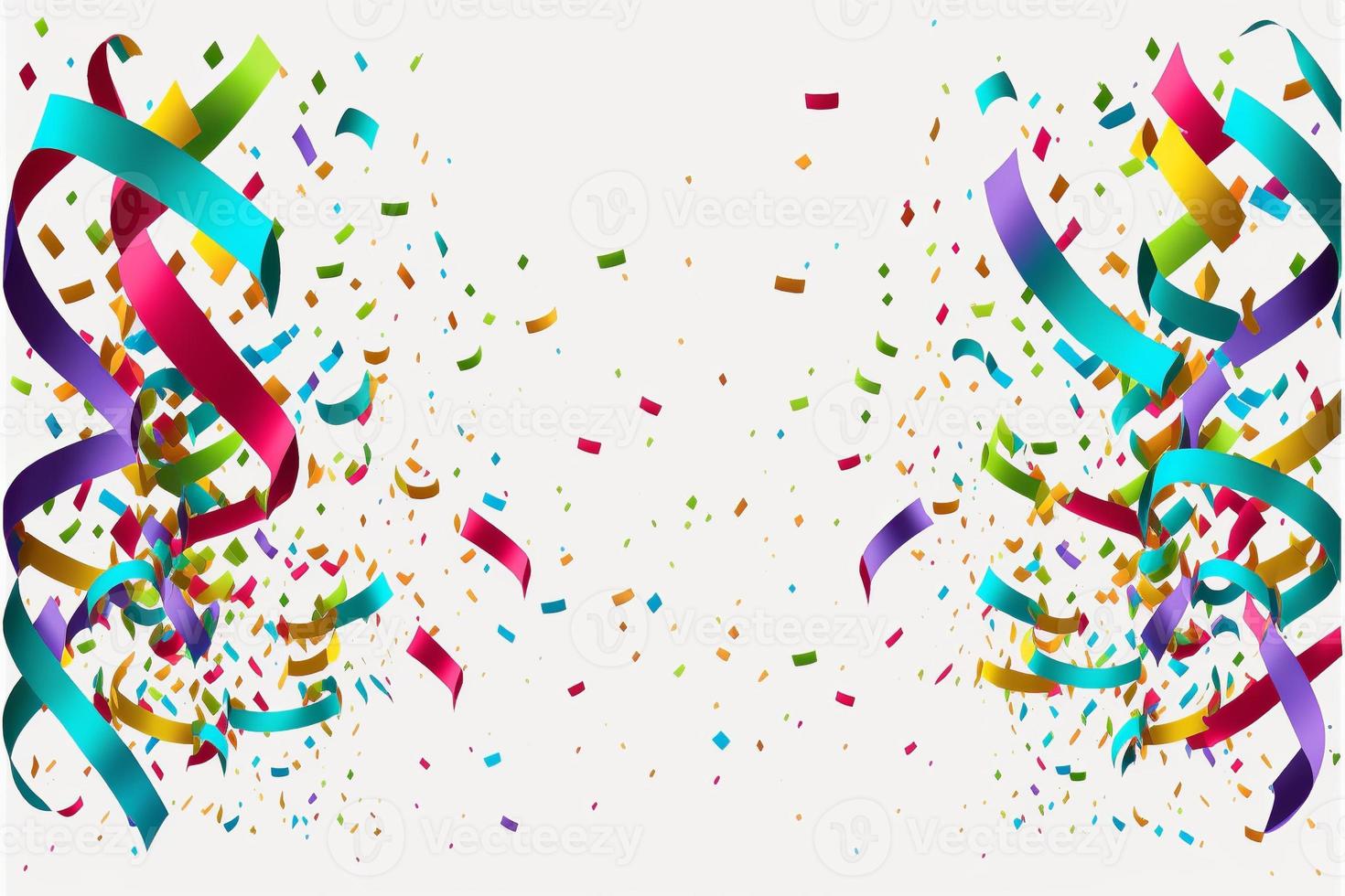 White background with ribbons, streamers and confetti, carnival. AI photo