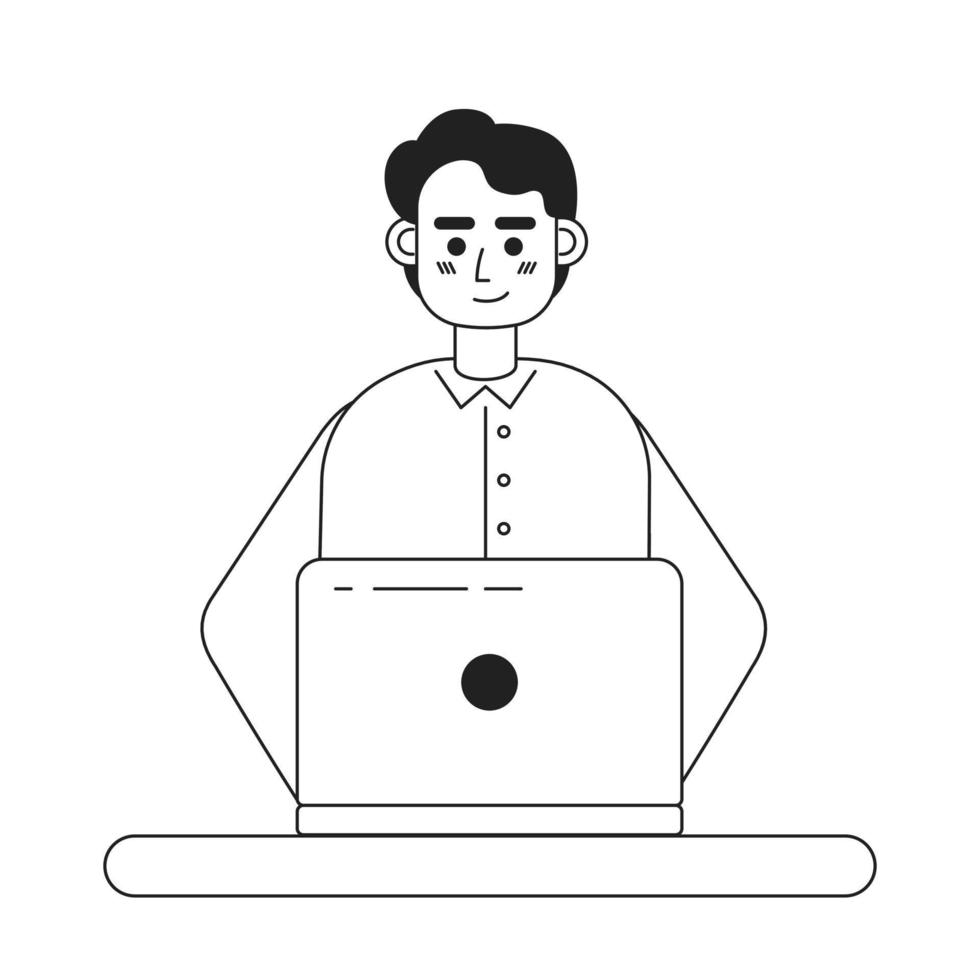 Pleasant man working on laptop monochromatic flat vector character. Linear hand drawn sketch. Editable half body person. Simple black and white spot illustration for web graphic design and animation