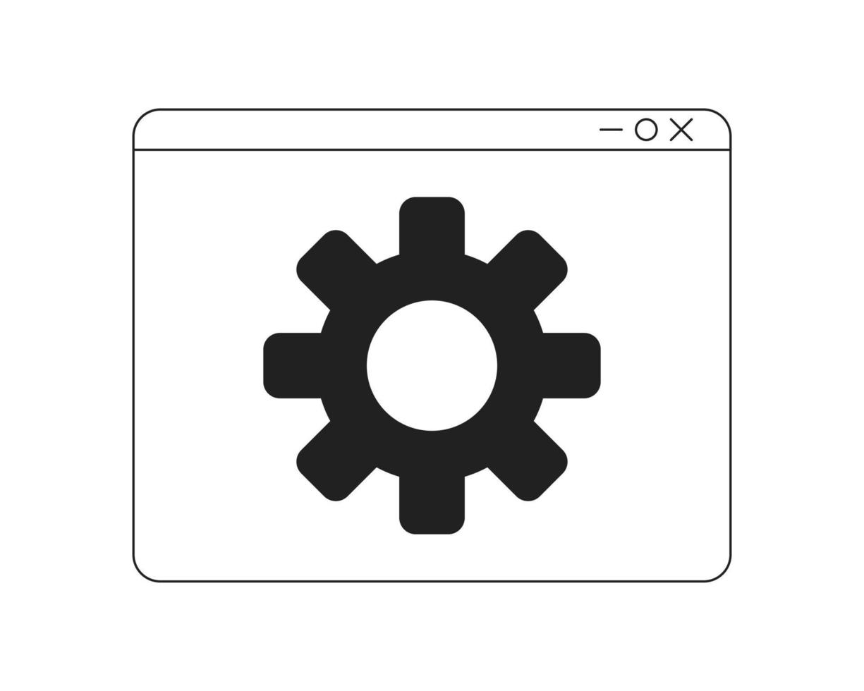 Open webpage with settings monochrome flat vector icon. Browser page with cog. Editable full sized black and white element. Simple thin line art spot illustration for web graphic design and animation
