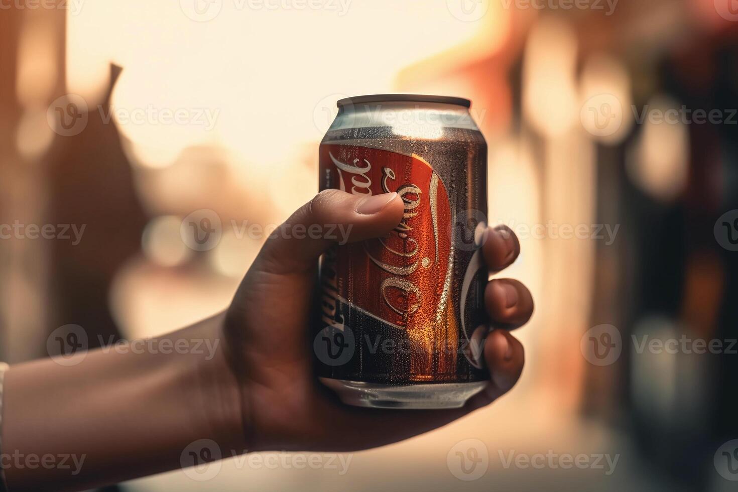 hand holds a can of soda on the background of the city. photo