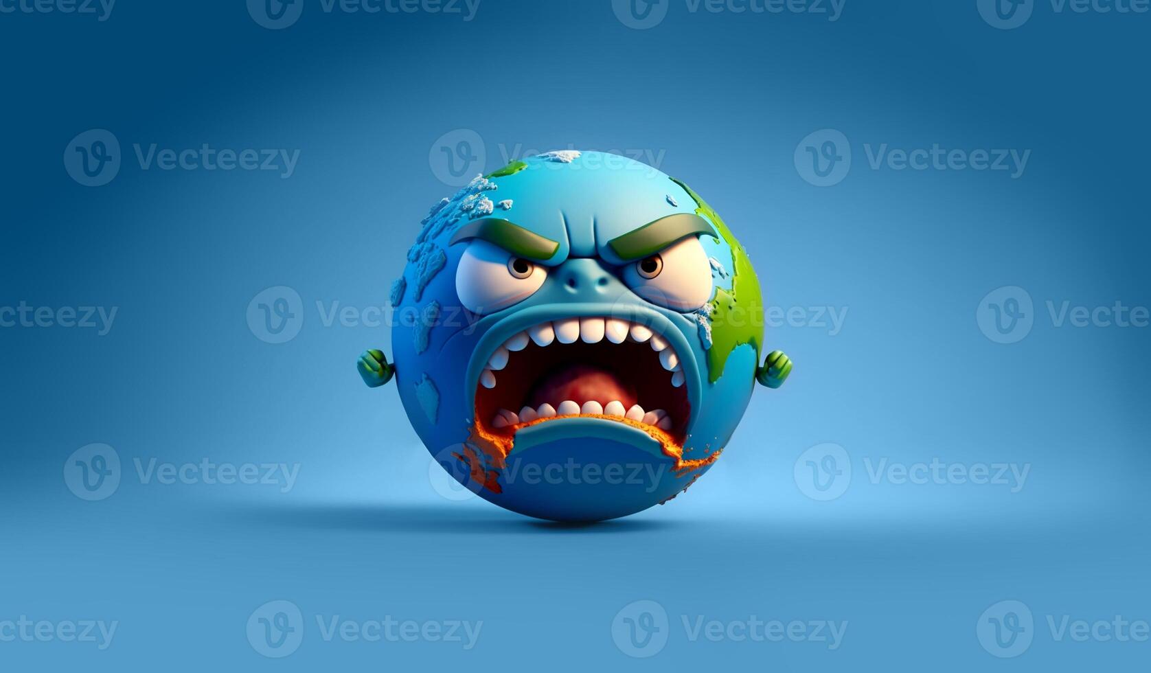 Cartoon character - angry planet earth with eyes on blue background photo