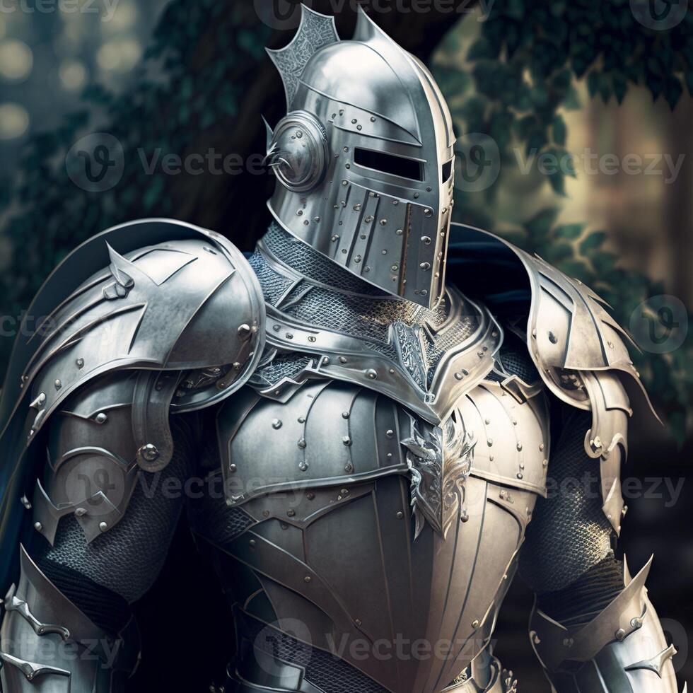 Medieval knight in silver armor. Digital illustration AI photo