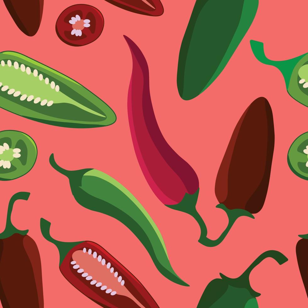 Vector seamless pattern of peppers on pink background. Wallpaper, background, textile or paper print