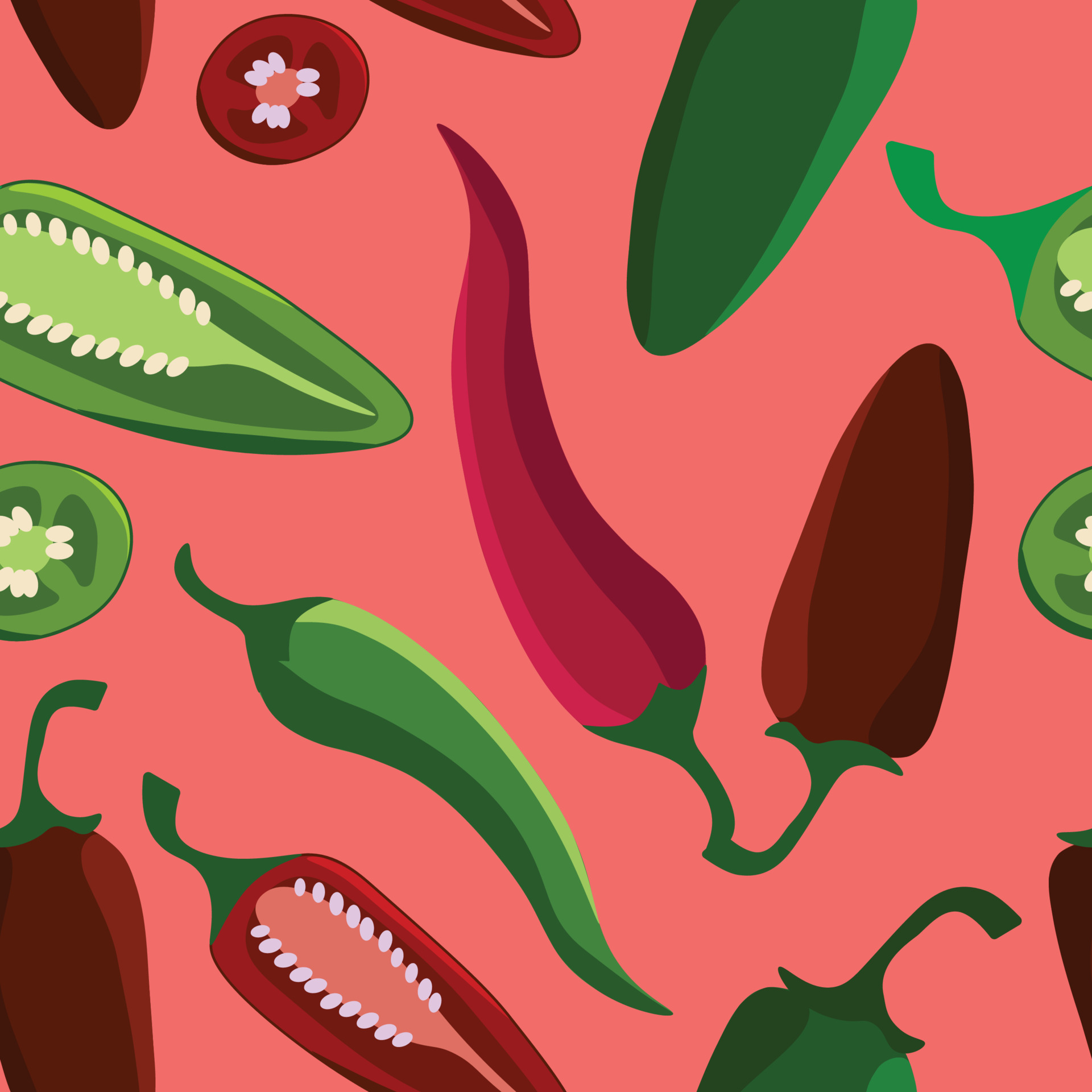Vector seamless pattern of peppers on pink background. Wallpaper
