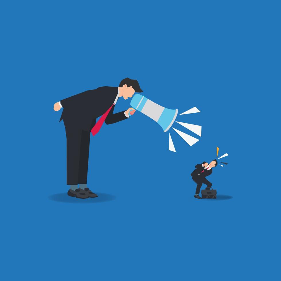 Angry boss screaming in megaphone and startled employee looking at megaphone vector illustration