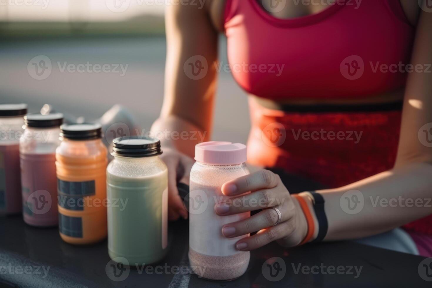 mujer y proteína Deportes suplementos bebida en botella generativo ai foto