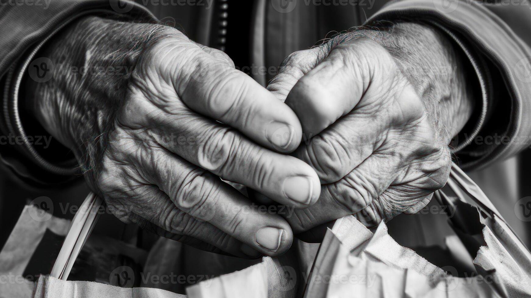 hands of an old woman with a bag in hand photo