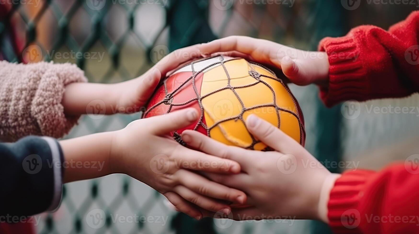 childrens hands on ball, play ball game with friends photo