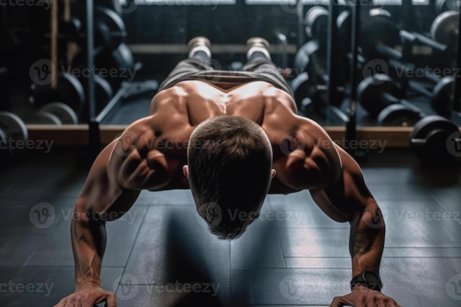 athlete doing push-ups from the floor in the gym photo