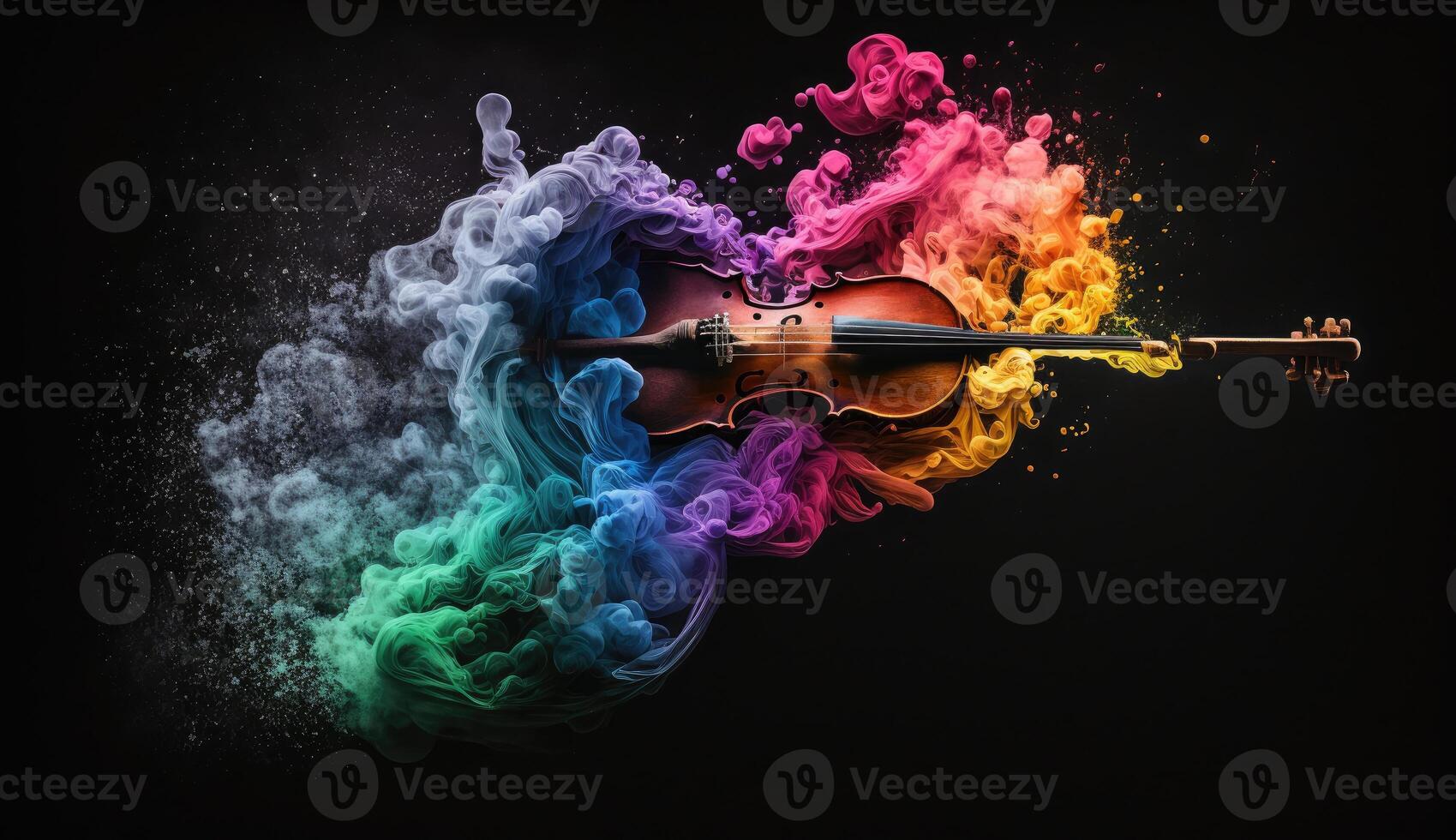 Violin photo made of colorful dust clouds