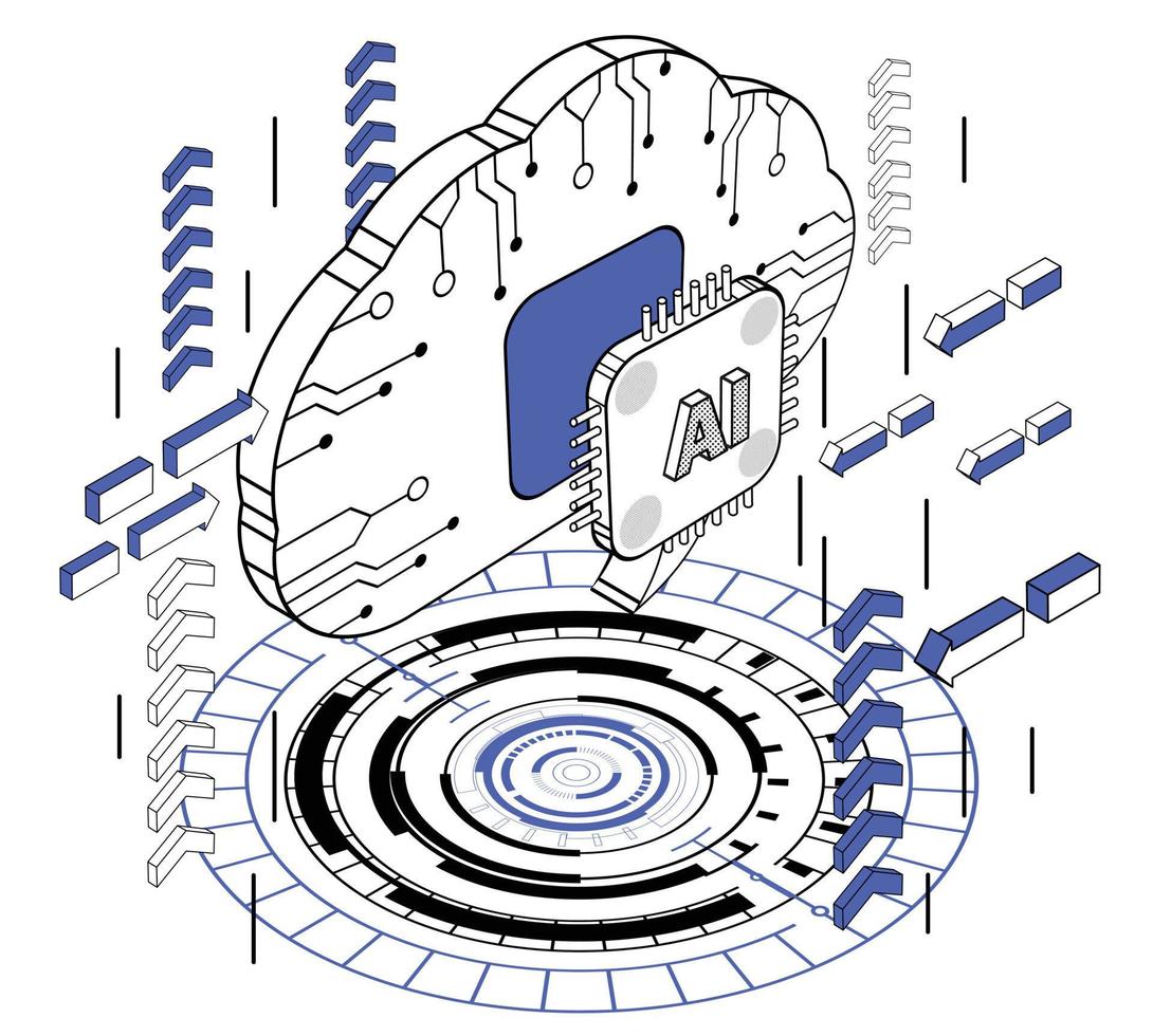 ai cerebro, artificial inteligencia tecnología futurista digital, isométrica vector ilustración plano diseño aislado. describir, dos tono lineal estilo, línea arte, editable ataque.