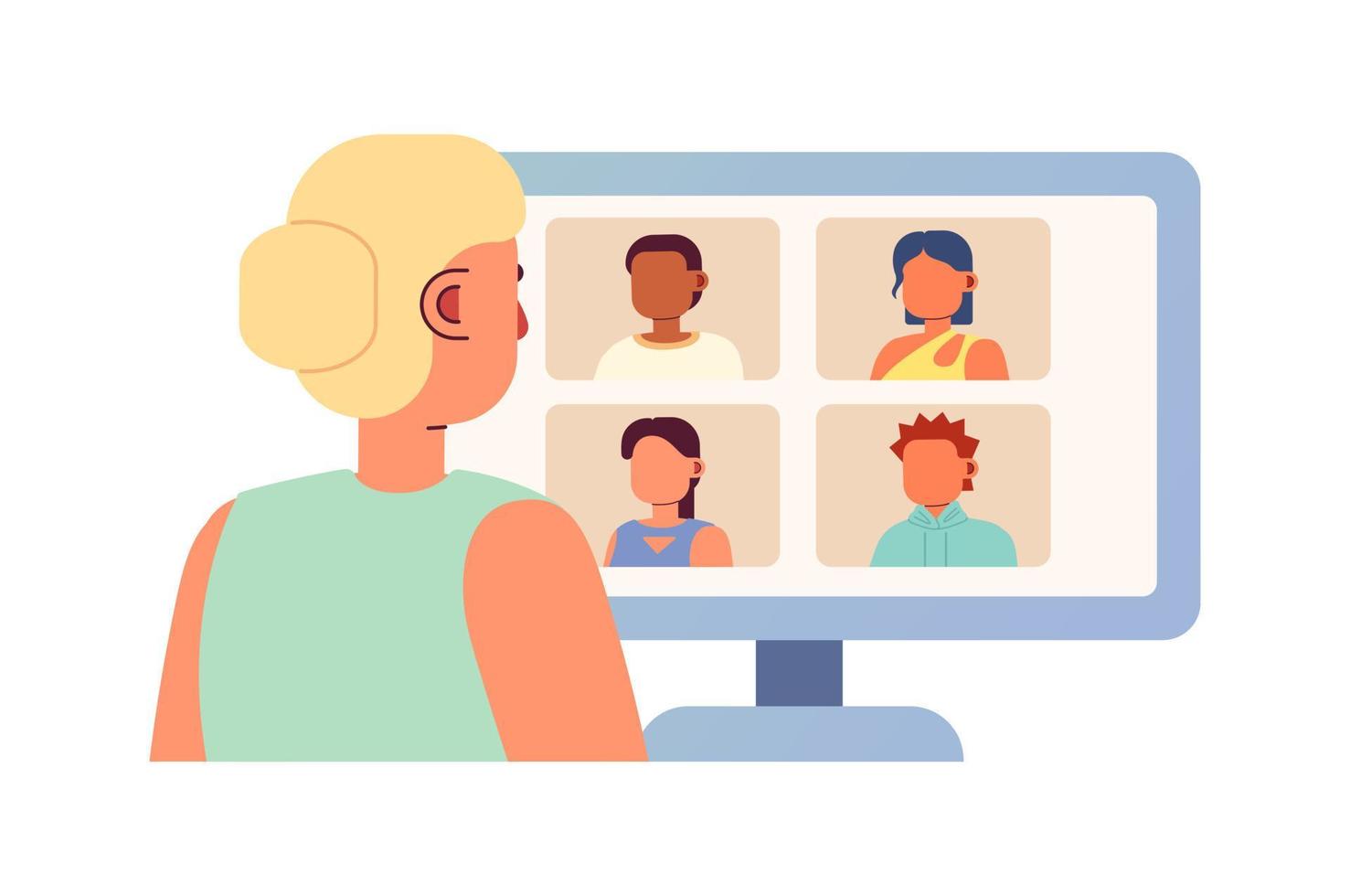 Online meeting for remote workers 2D vector isolated spot illustration. Freelancer with colleagues virtually flat character on cartoon background. Colorful editable scene for mobile, website, magazine