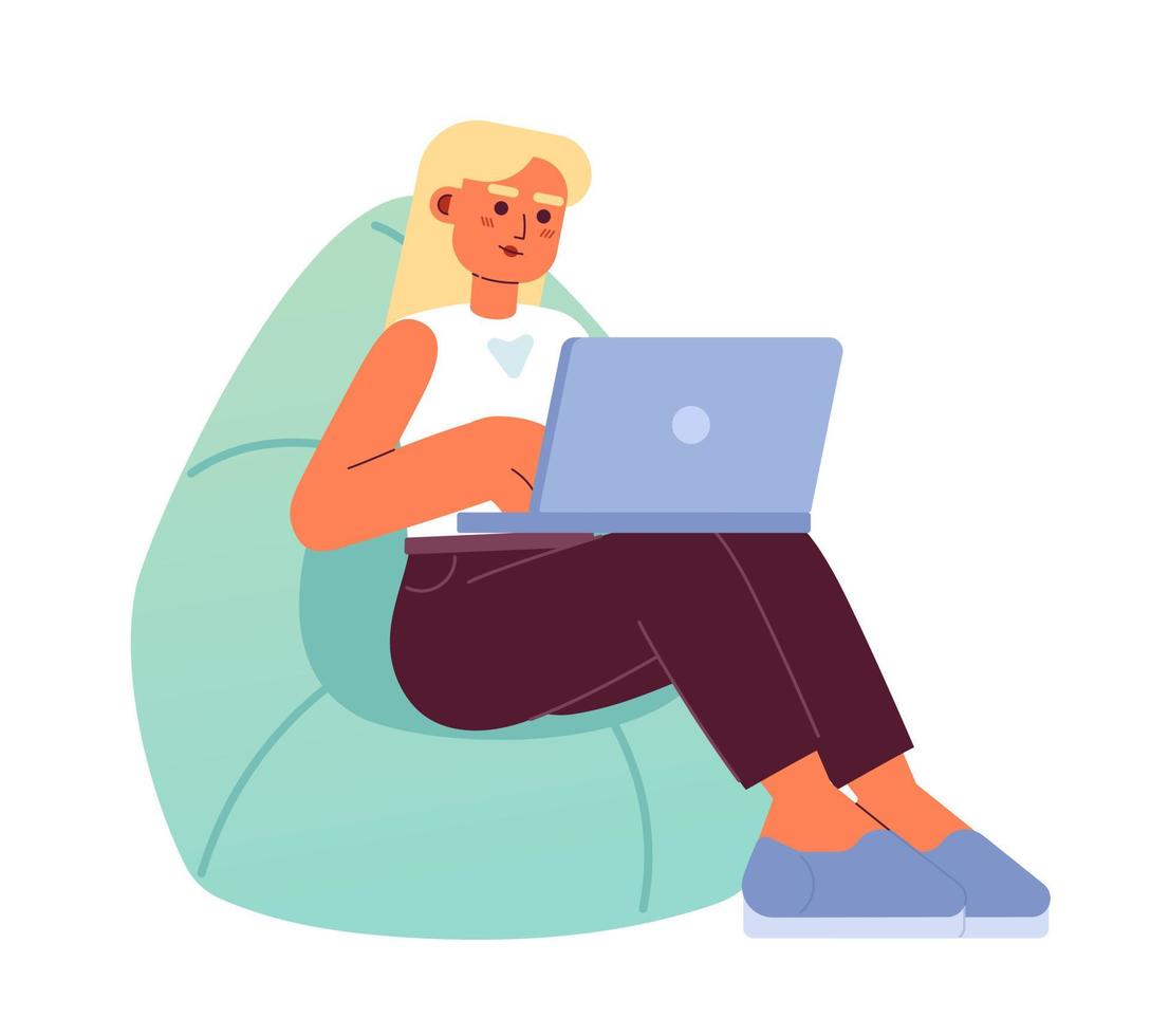 Girl comfortably working from home semi flat color vector character. Freelancer. Editable figure. Full body person on white. Simple cartoon style spot illustration for web graphic design and animation