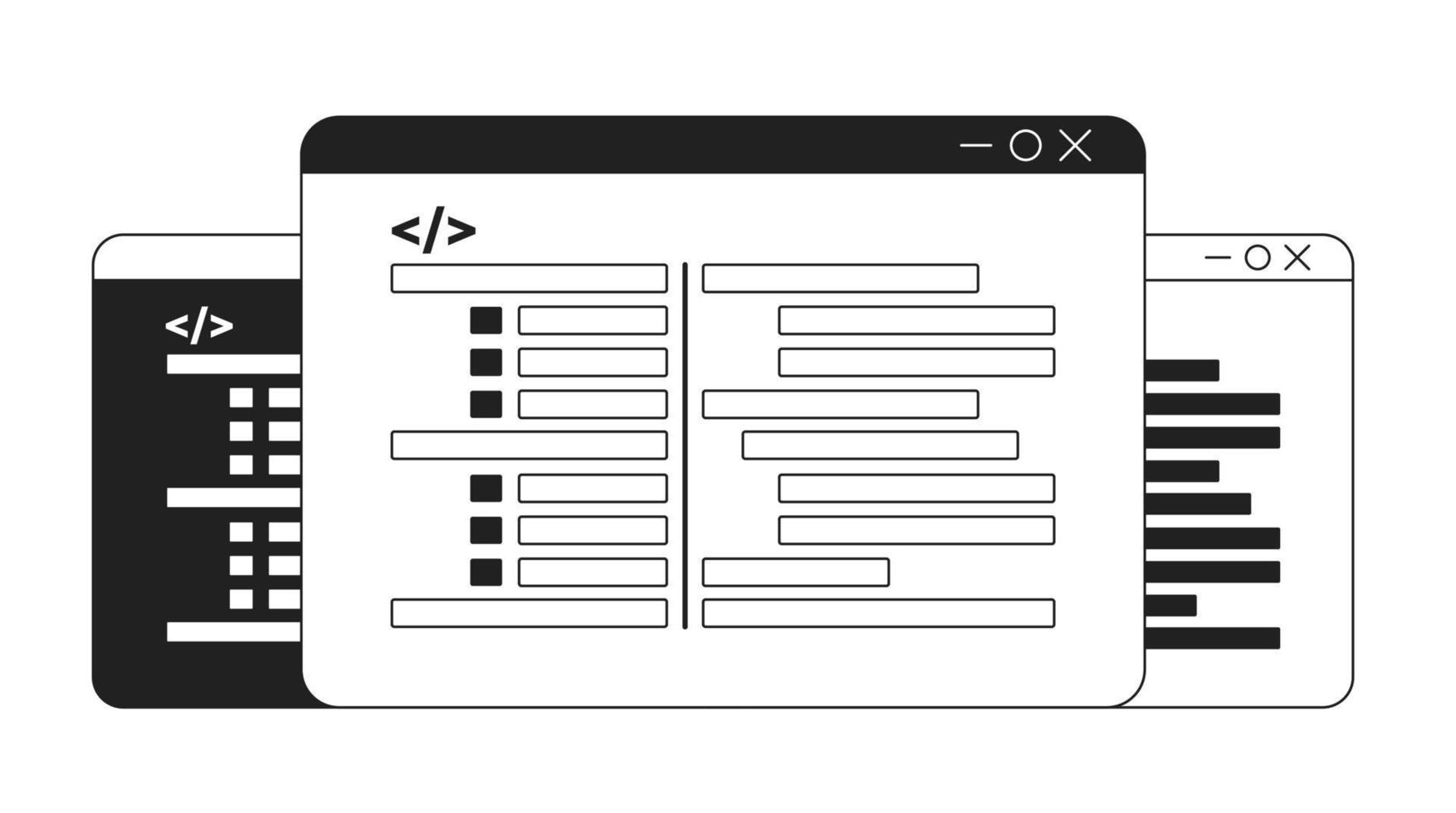 Coding screens monochrome flat vector icon. Webpages with running codes. Editable full sized black and white elements. Simple thin line art spot illustration for web graphic design and animation