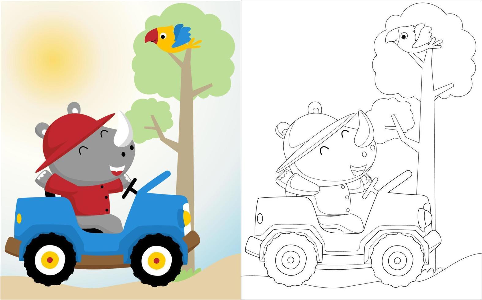 rinoceronte dibujos animados en coche con un pequeño pájaro en el árbol, colorante libro o página vector