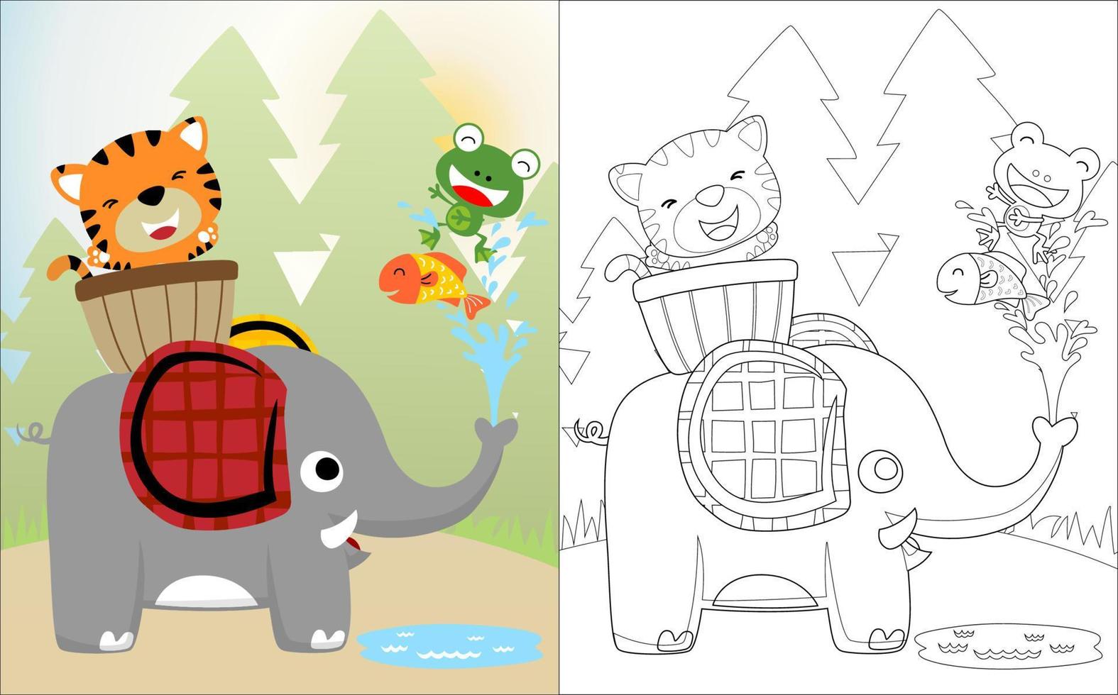 Vector illustration of tiger riding elephants, fish and frog playing water. Coloring book or page