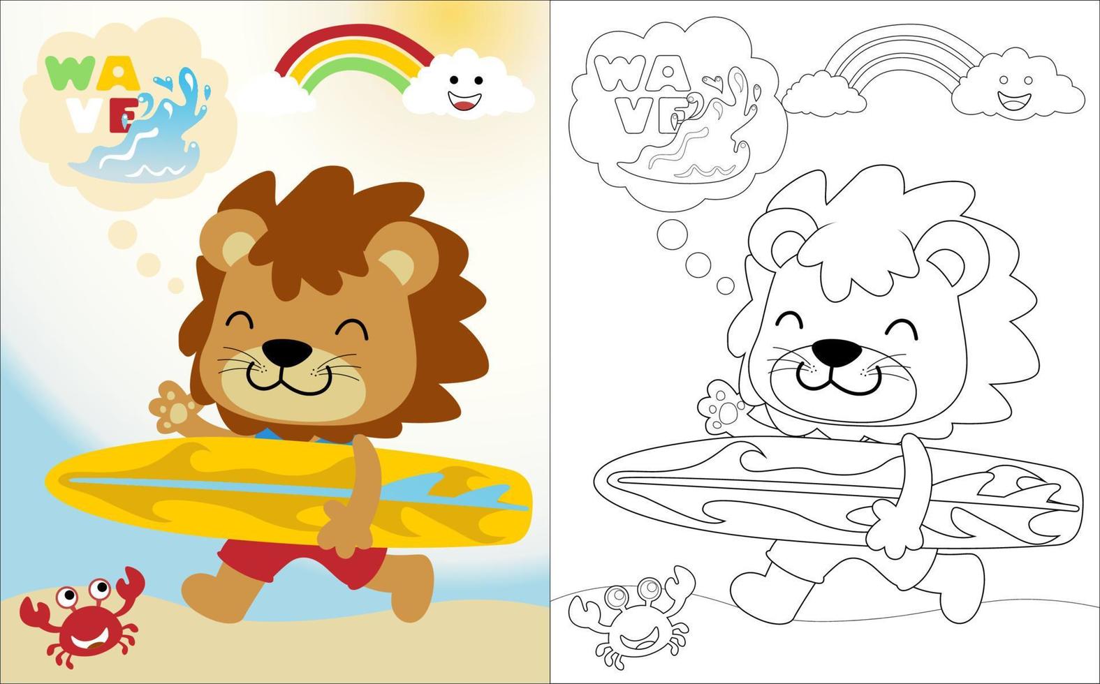 Vector cartoon of funny lion carrying surfboard, summer beach element illustration, coloring book or page