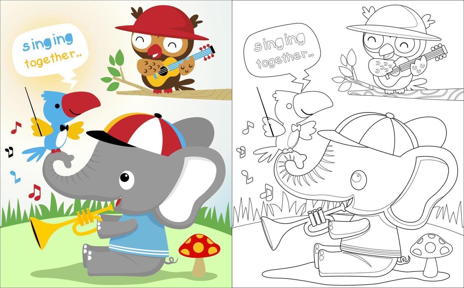 Cute animals cartoon playing music in jungle, elephant on trumpet, owl on guitar, parrot as composer. Coloring book or page vector