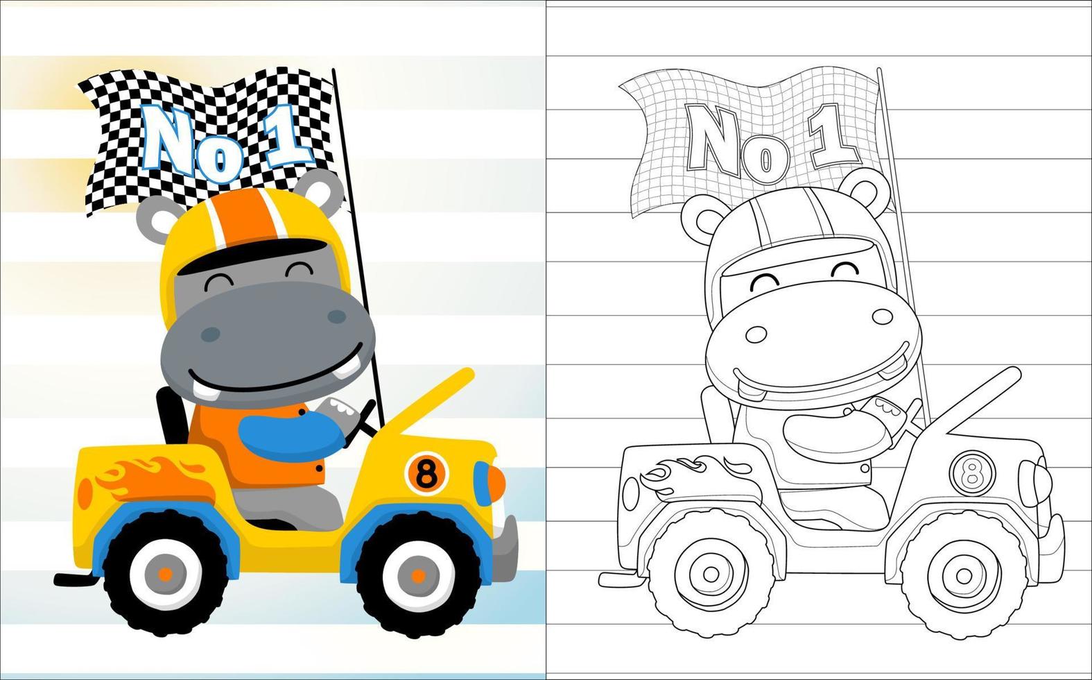Funny hippo cartoon on race car carrying finish flag, coloring book or page vector