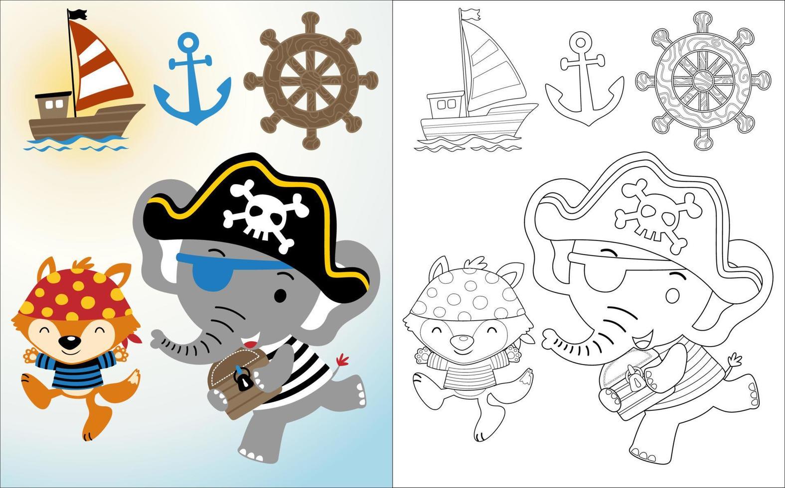vector dibujos animados de gracioso elefante con zorro en pirata traje, pirata elemento ilustración, colorante libro o página