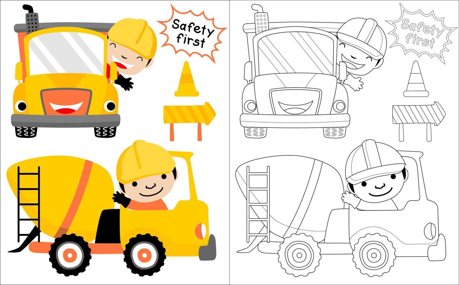 Construction vehicle cartoon with happy worker, coloring book or page vector