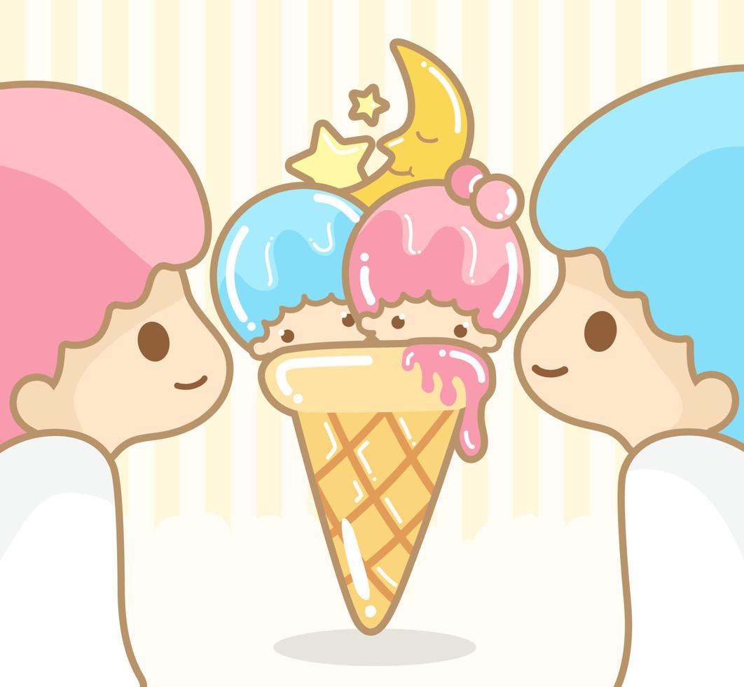 Cute Couple having an Ice Cream Date that Looks Like Kawaii Twin Cartoon Character vector