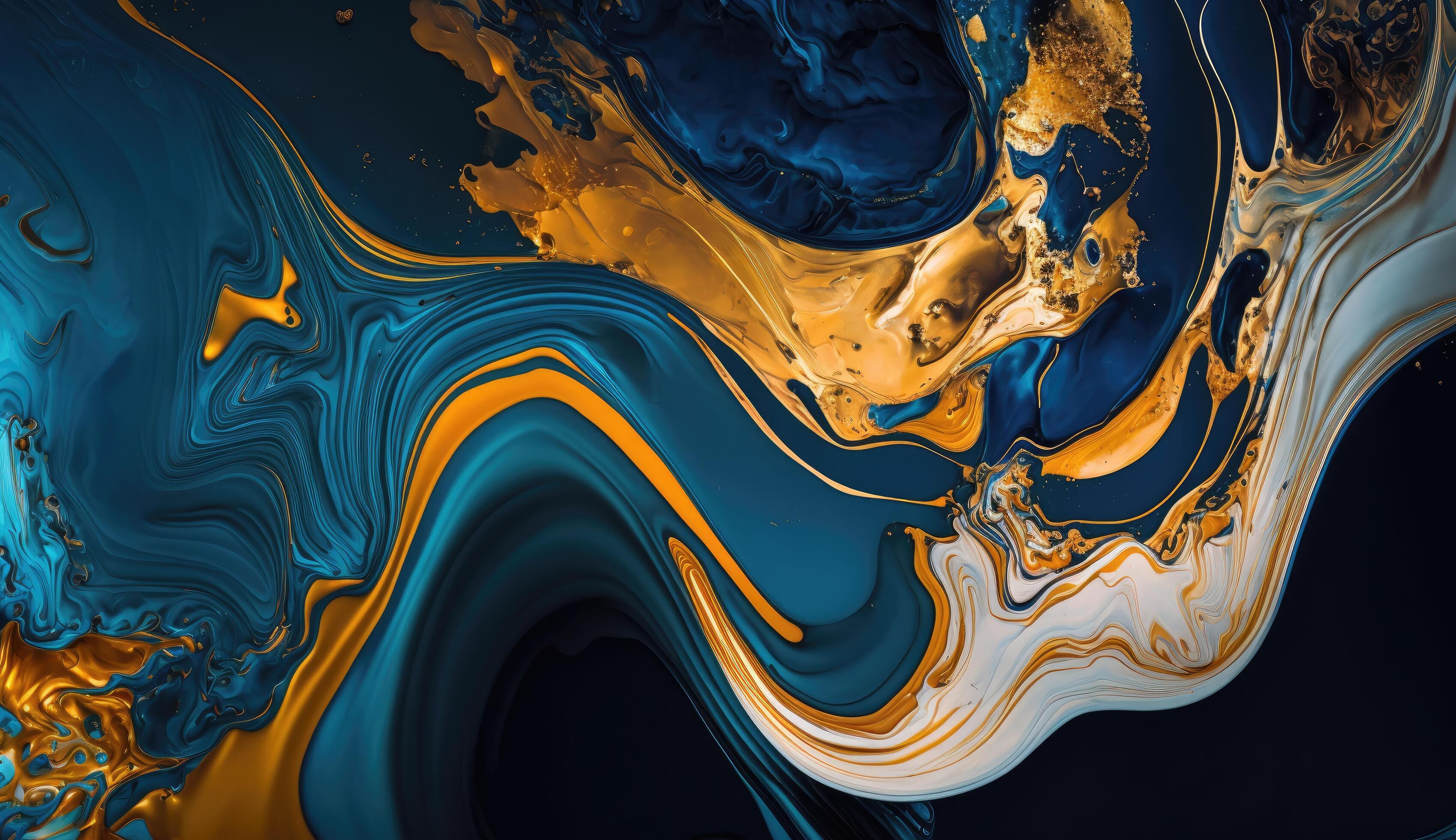 Gold and navy blue marble abstract background, watercolor paint texture