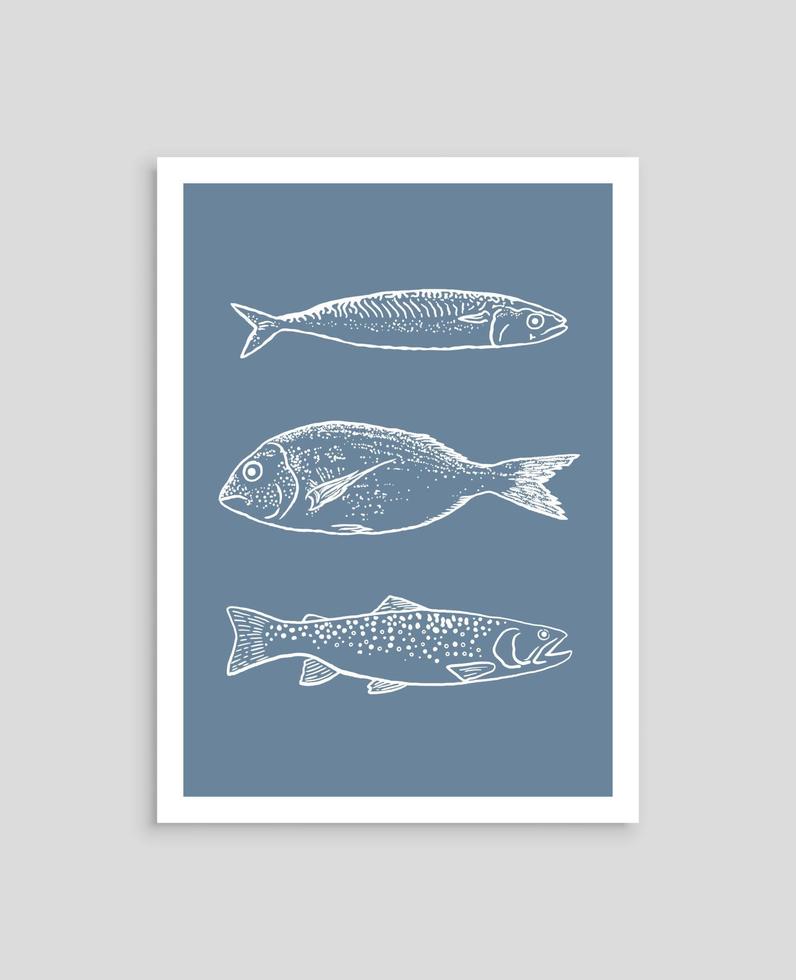 Hand drawn poster with different type of fishes. Abstract ocean life poster template vector