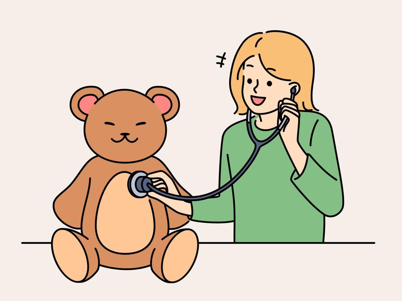 Happy little girl child with stethoscope playing with teddy bear. Smiling small kid have fun listen to heart of toy with phonendoscope. Future profession. Vector illustration.