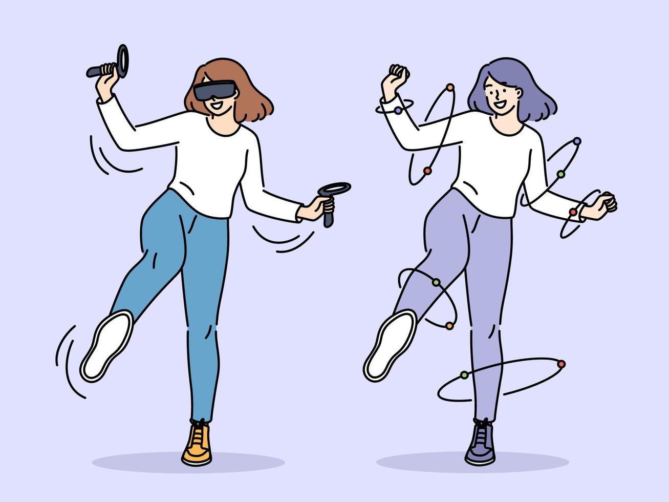 Smiling young woman in VR glasses have fun enjoying modern simulation. Happy girl in virtual reality goggles party as avatar in metaverse. Technology. Vector illustration.