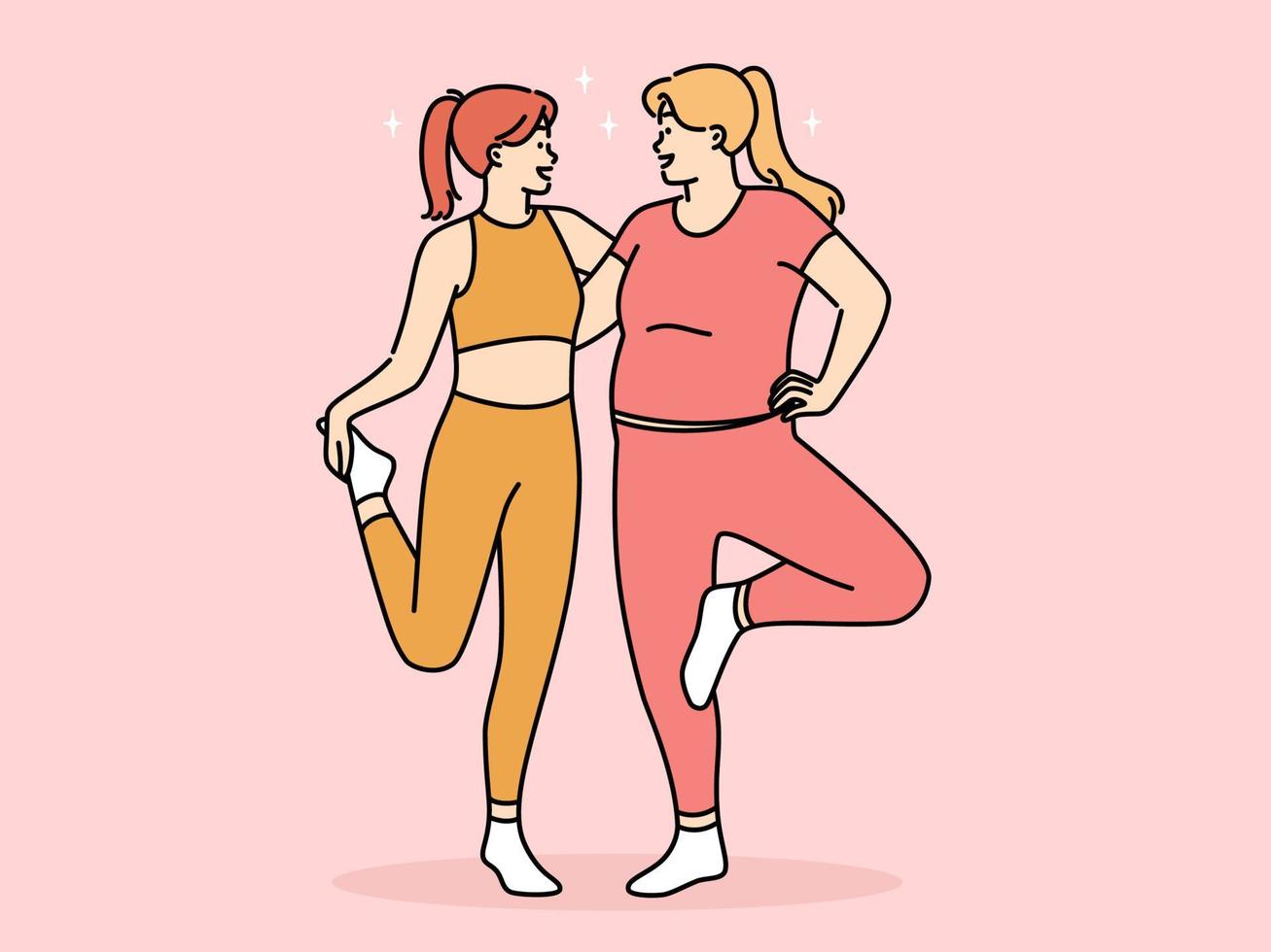 sonriente joven mujer en ropa de deporte tener divertido formación juntos. contento Delgado y exceso de peso muchachas hacer ejercicio para bueno figura y salud. vector ilustración.