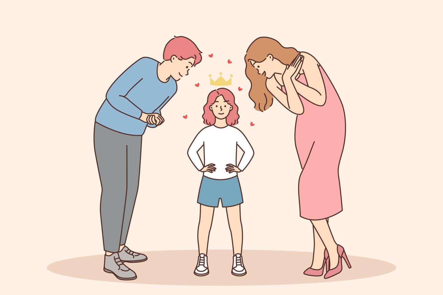 Happy parents admire little kid in crown. Mother and father show admiration to small girl child. Concept of spoiled children. Vector illustration.