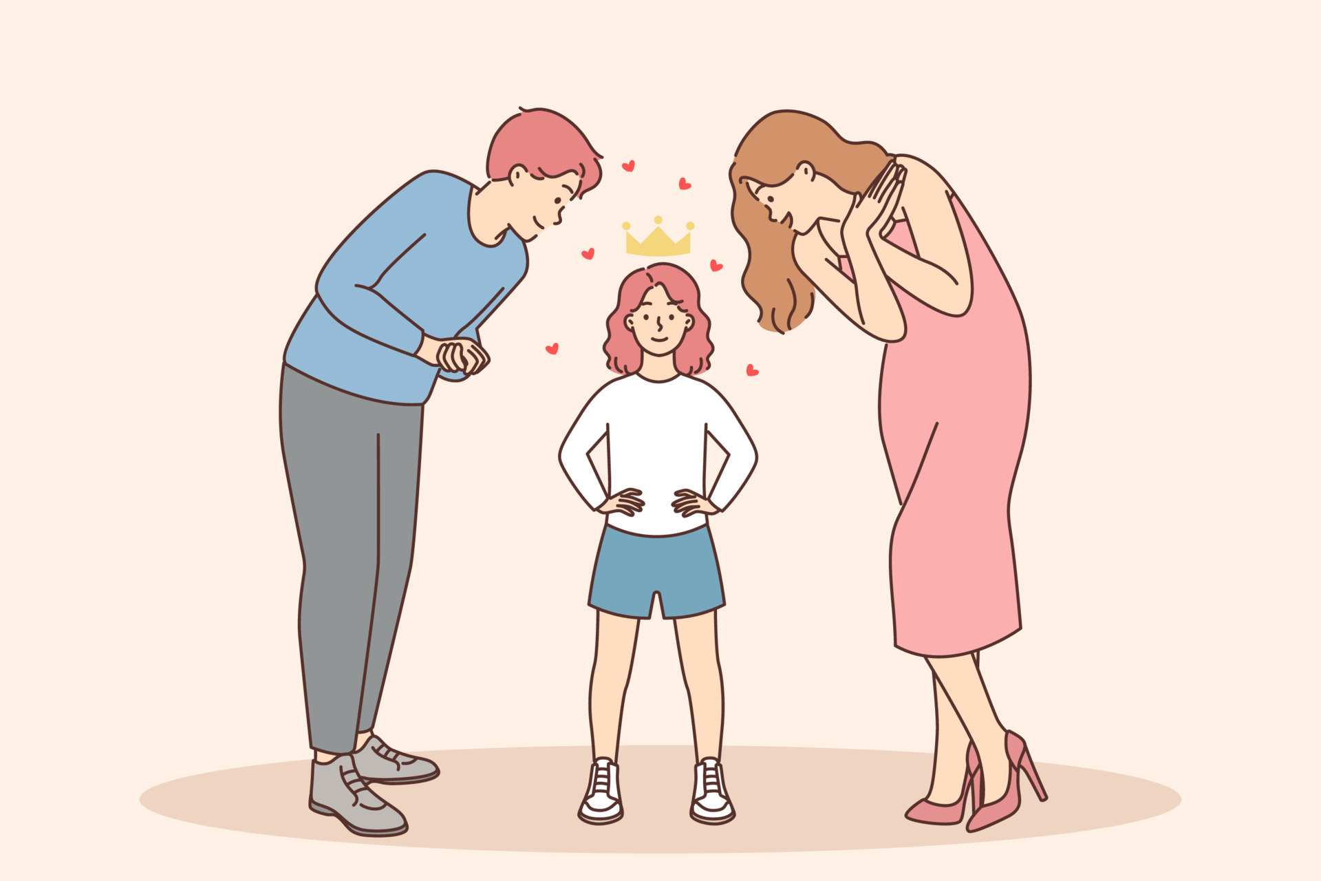 Happy parents admire little kid in crown. Mother and father show