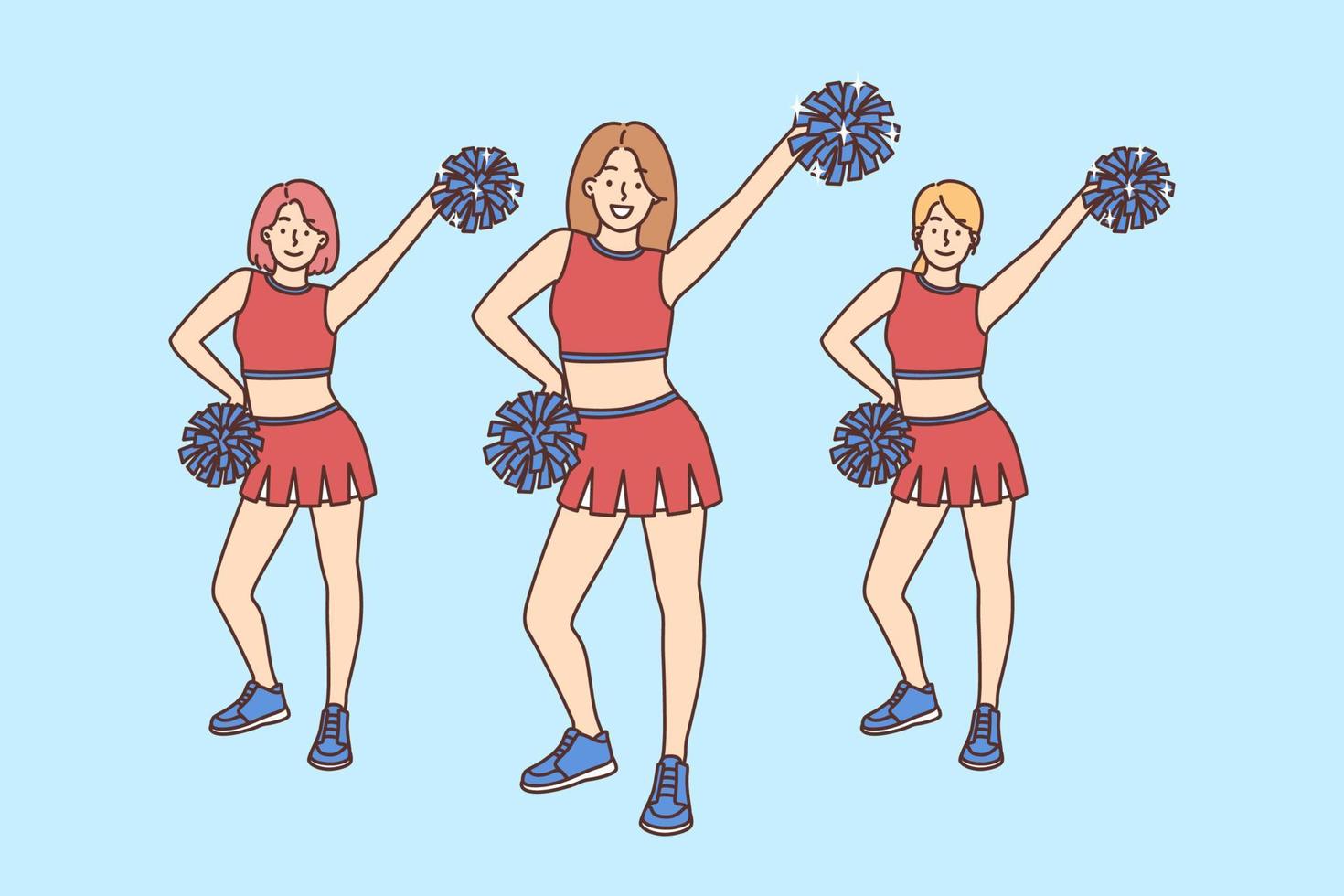 Smiling cheerleaders in uniform dancing with pompons. Happy girls cheerleading at sport game support athletes at match. Hobby and activity. Vector illustration.