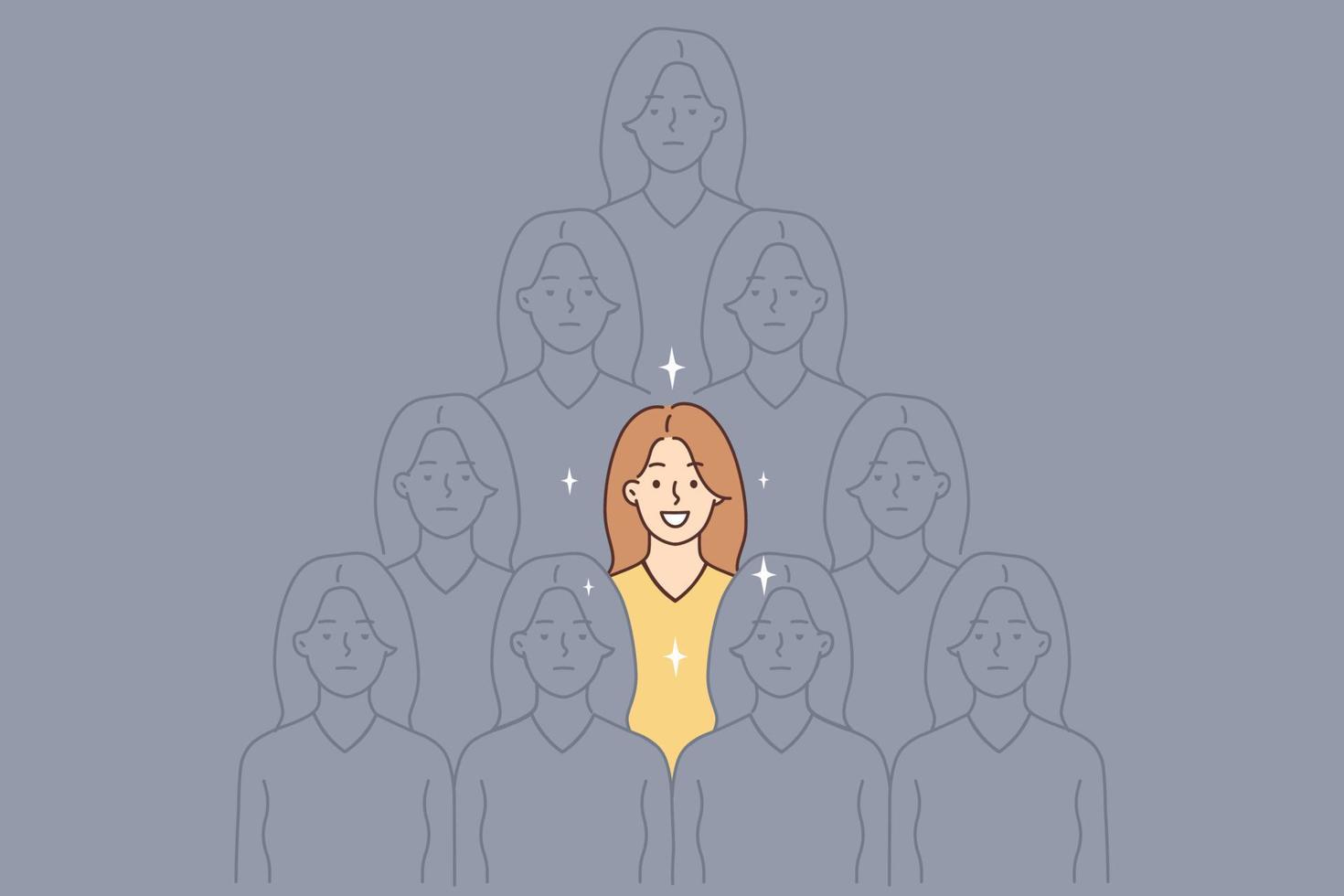 Smiling young woman stand out of grey crowd with unknown faces. Confident successful female feel optimistic and joyful among identical people. Vector illustration.