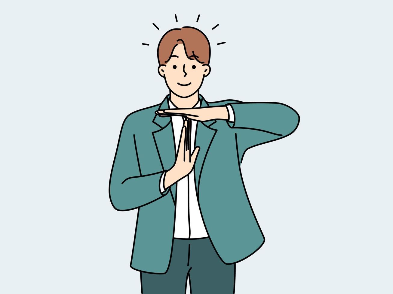 Young man in formal wear showing stop hand gesture. Male employee demonstrate rejection or refusal. Concept of ban and prohibition. Vector illustration.