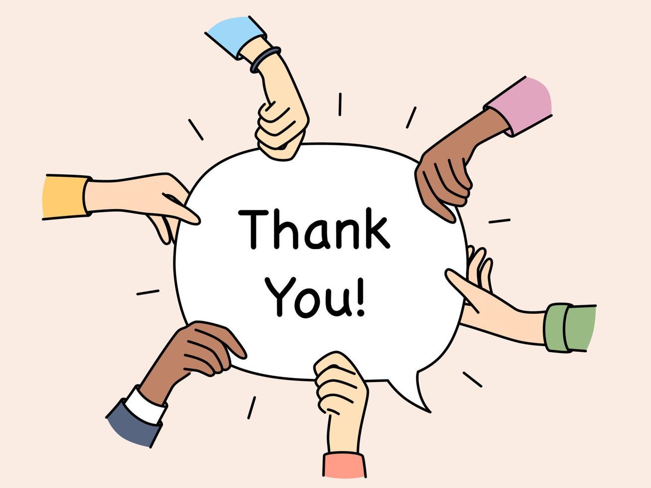 Closeup of diverse multiracial hands holding paper with thank you words. Multiethnic interracial people hold speech bubble with appreciation and gratitude. Vector illustration.