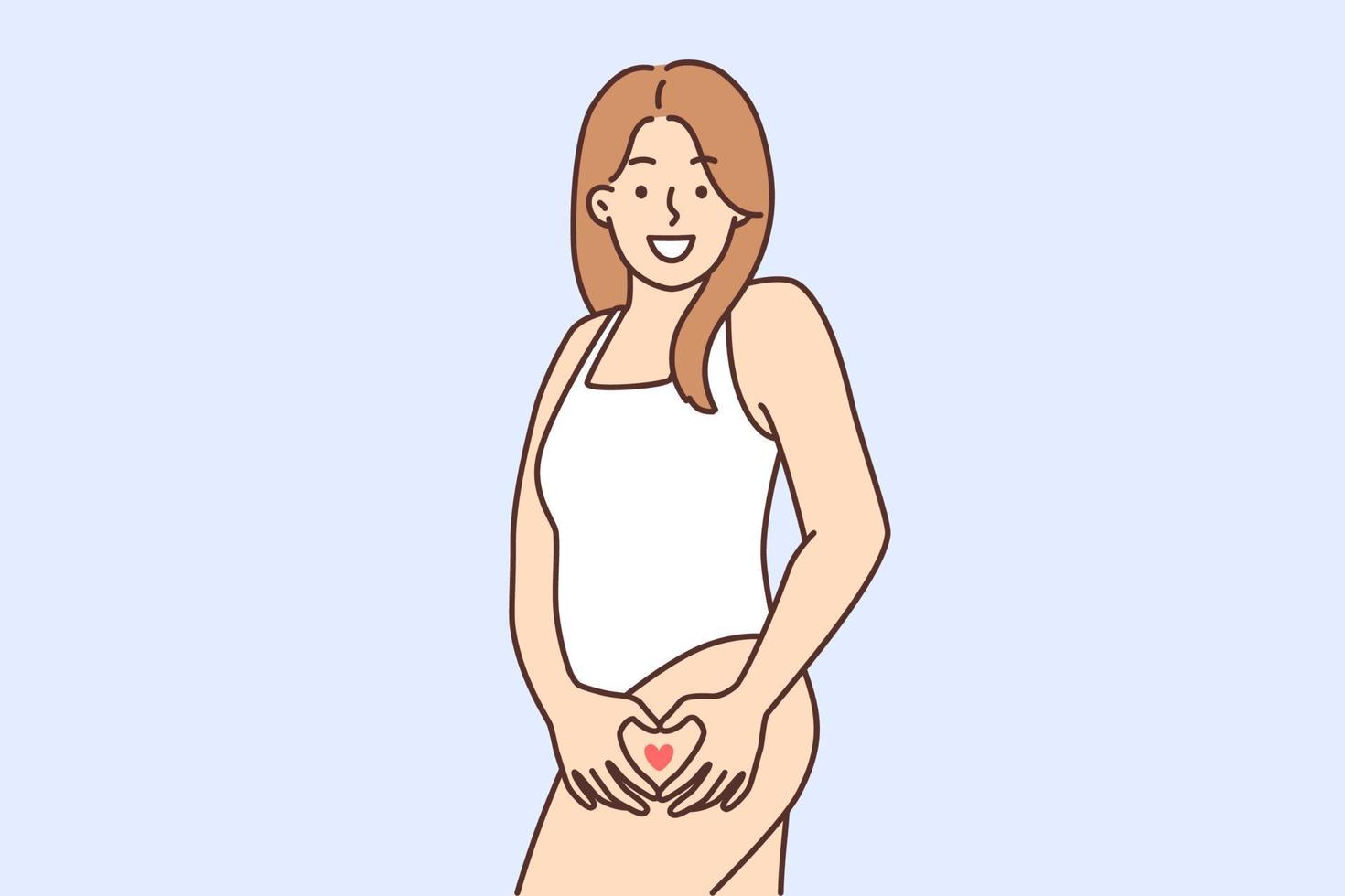 Smiling overweight woman in body suit showing heart symbol on hip satisfied with body figure. Happy girl in swimsuit show body positive and self-love. Vector illustration.