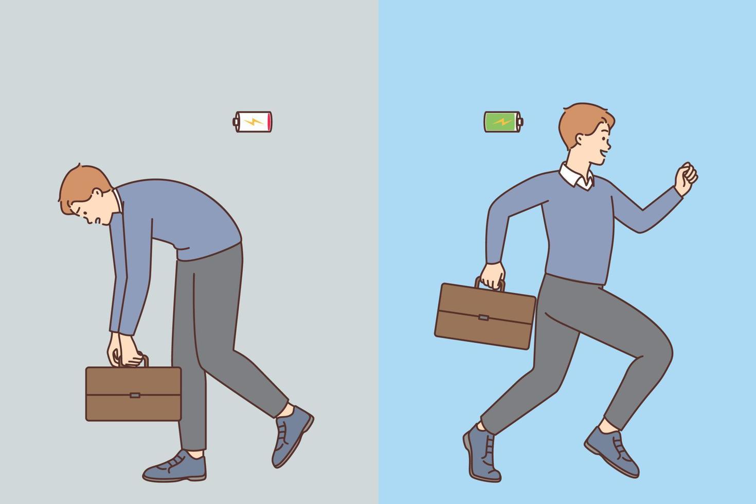 Unhappy tired and happy energetic man with empty and full battery in comparison. Concept of work burnout and motivation. Vector illustration.