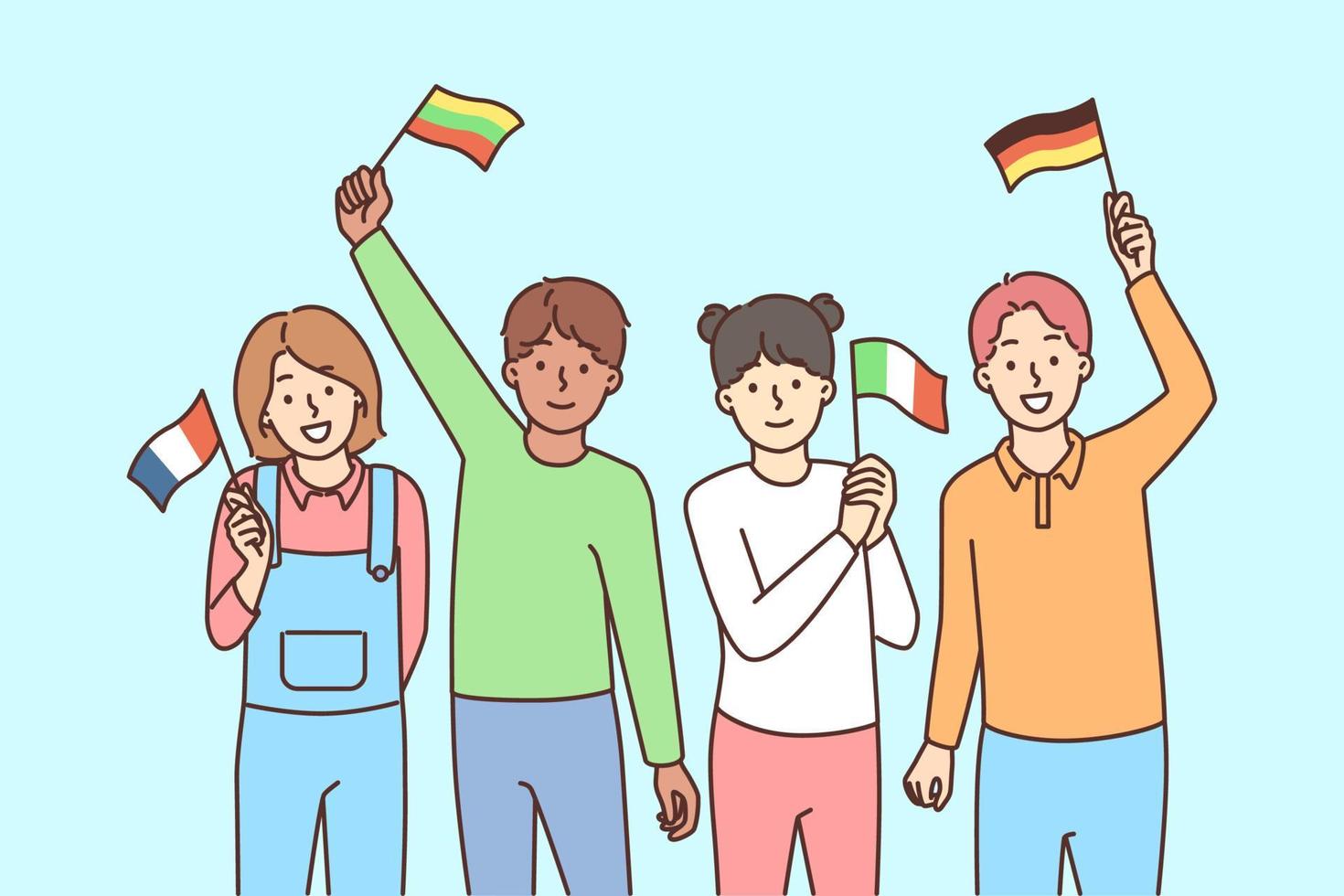 Smiling children with flags of different countries in hands enjoy international education. Happy kids from various nationalities engaged in multiracial experience. Vector illustration.