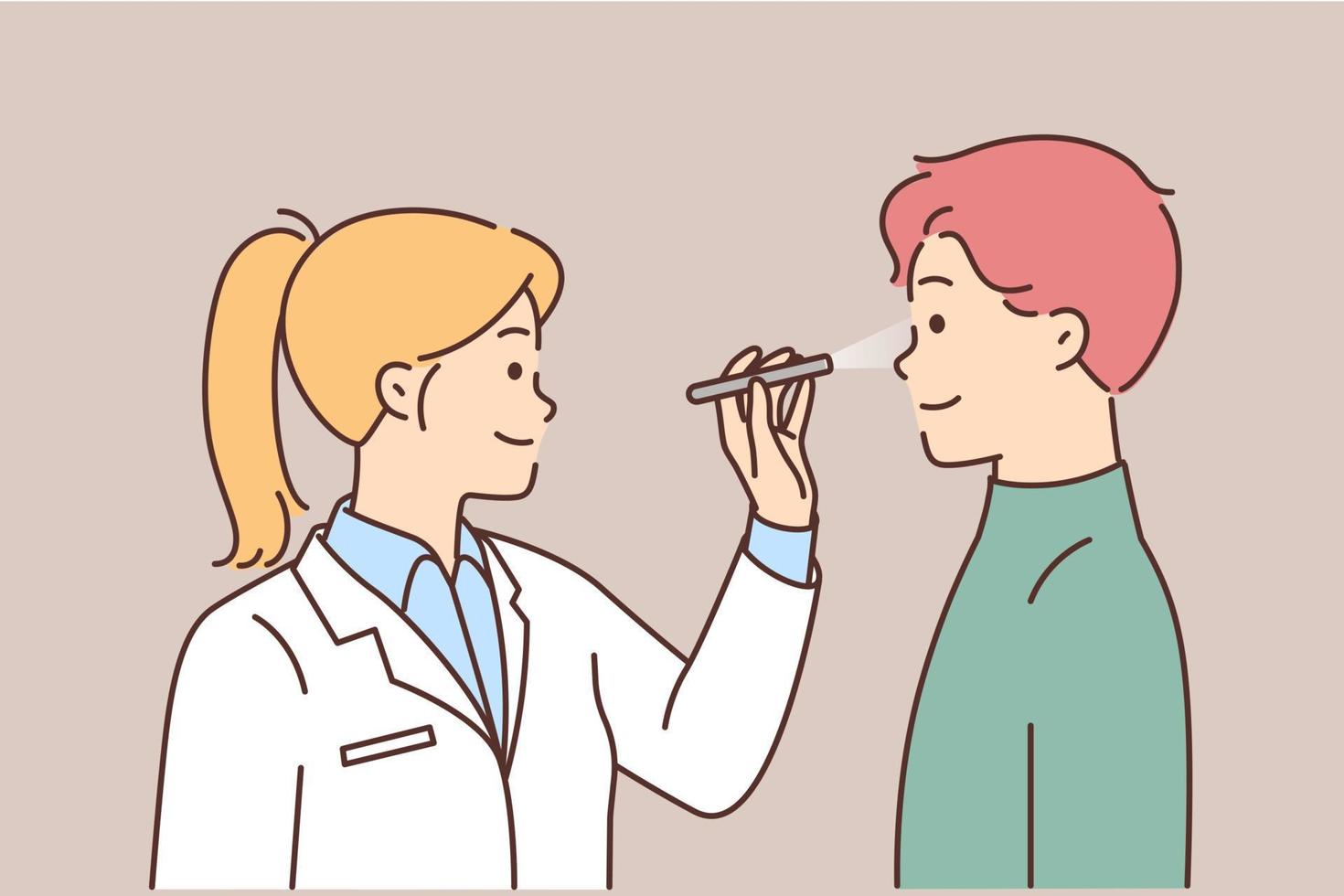 Smiling female doctor in white medical uniform check male patient eyesight. Woman GP examine guy sight in clinic or hospital. Healthcare. Vector illustration.