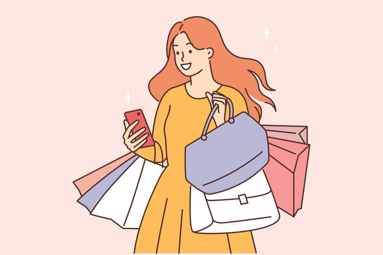 contento joven mujer con compras pantalones y teléfono. sonriente hembra comprador o cliente emocionado con en línea ofertas o ventas en Teléfono móvil aplicación vector ilustración.