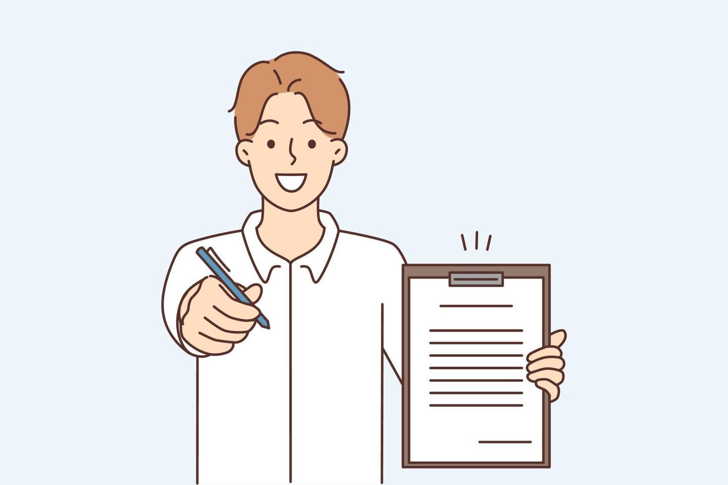 Smiling businessman offer paper contract and pen for signature. Confident male employer or boss give paperwork agreement to sign. Employment. Vector illustration.