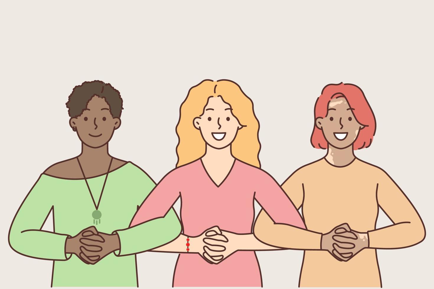 Smiling multiracial women hold hands show unity and support. Happy diverse interracial girlfriends feel united. Feminism concept. Vector illustration.