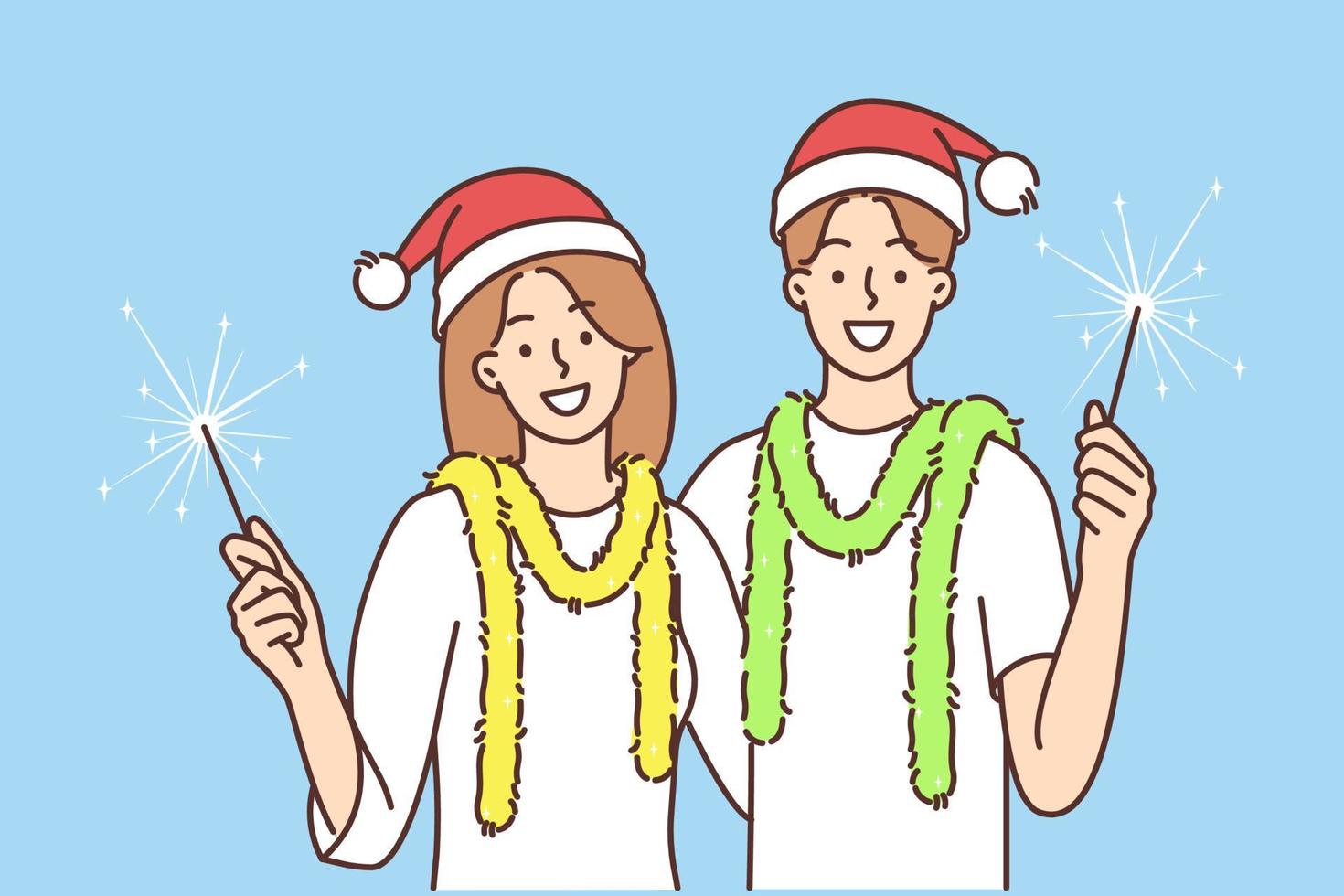 Smiling couple in santa hats celebrating New Year together holding sparklers in hands. Happy man and woman enjoy winter holidays. Vector illustration.