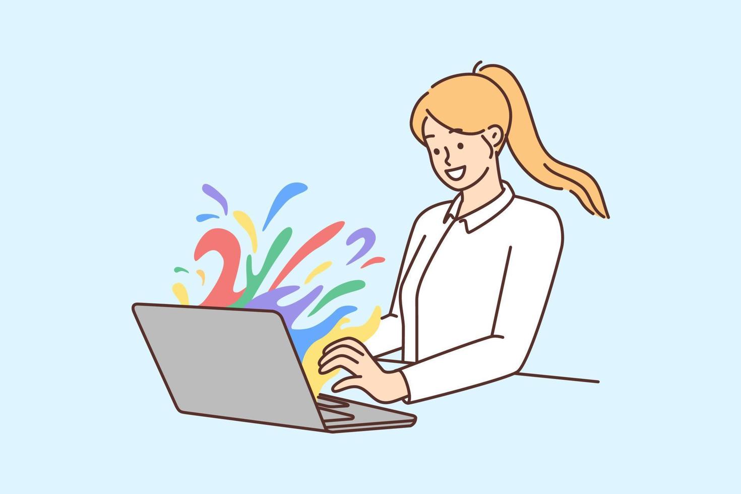 Smiling young woman working on laptop with colorful splashes coming from screen. Happy female employee brainstorm engaged in creative thinking. Vector illustration.