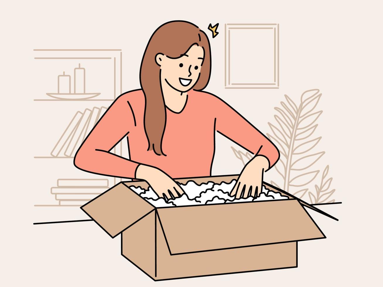 Smiling woman unpacking order at home. Happy girl open cardboard box unbox purchase buying shopping on internet. Vector illustration.
